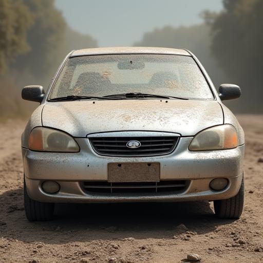 A silver sedan covered in a thick layer of dust and road grime.